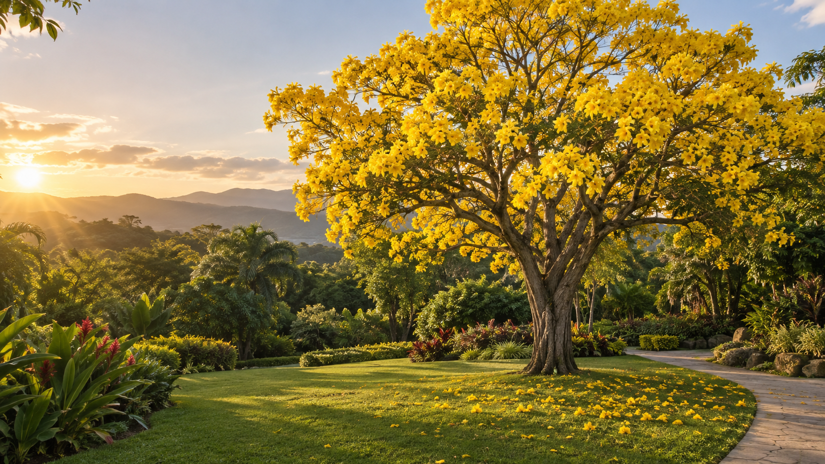 Roble amarillo florecido en un jardín tropical